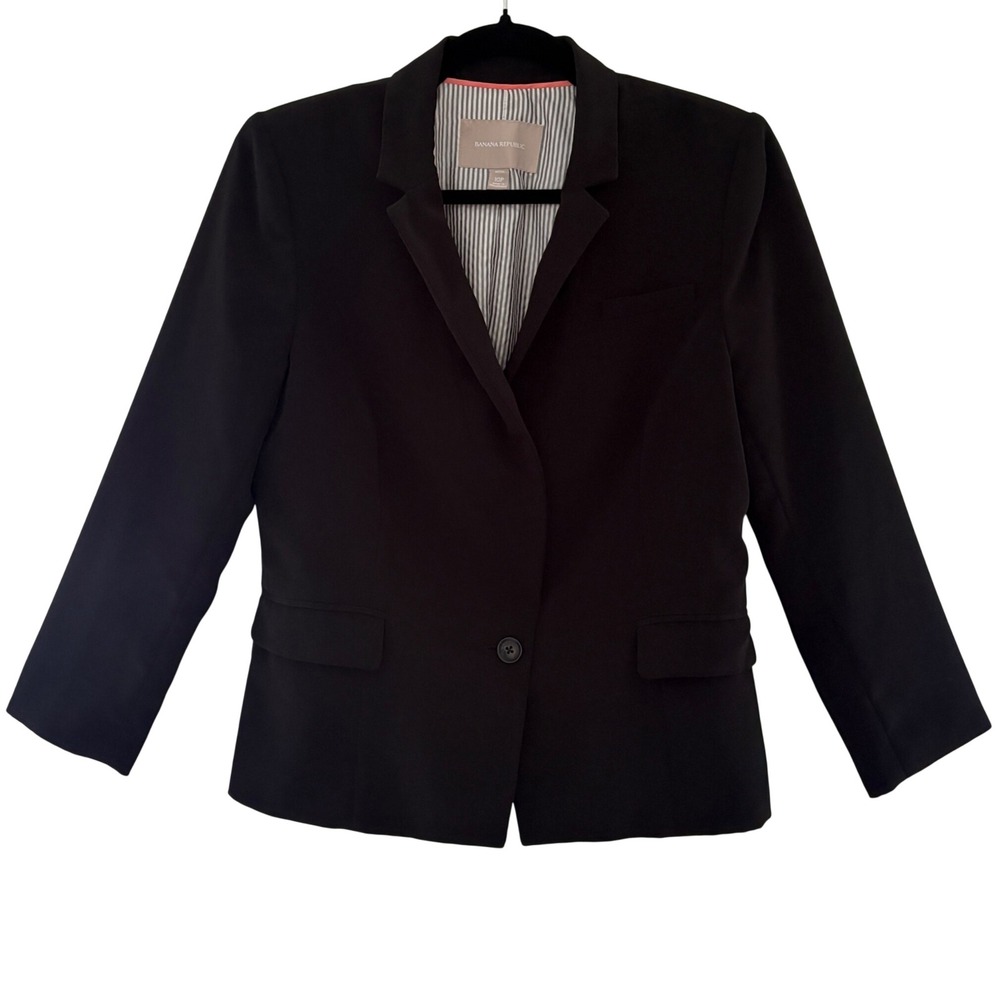 Banana Republic | Black One Button Blazer with Striped Lining | 10P Petite